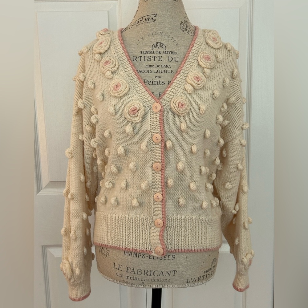 Vtg Marta D Womens 100 Percent Wool Cardigan Sweater Roses Pompoms Chunky 80s M